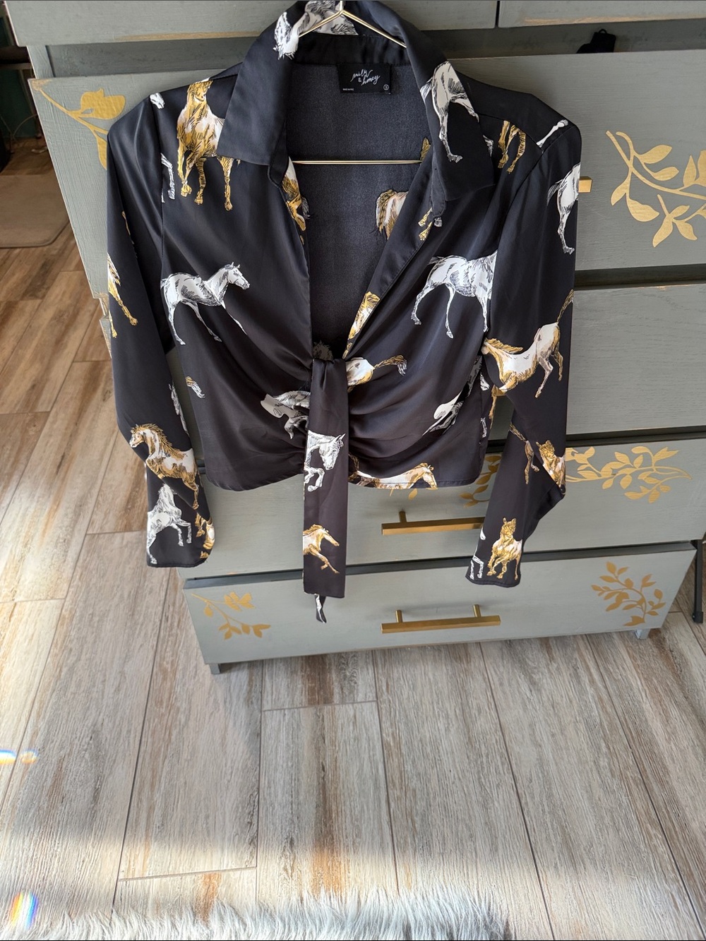 Milk & Honey Black Horse-Print Tie-Front Crop Top